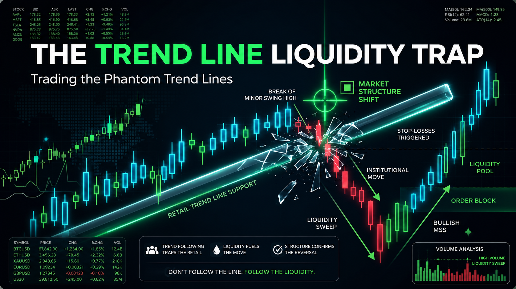 A dark mode institutional trading chart breakdown by Forex Broker 500 showing a shattering glass retail trend line support, a sharp red liquidity sweep candle, and a neon green target crosshair locking onto a market structure shift.