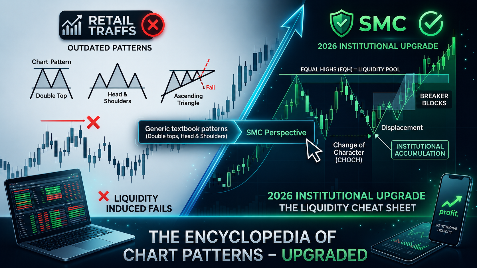 Comparison infographic of traditional retail chart pattern traps versus 2026 Smart Money Concepts (SMC) institutional liquidity analysis.