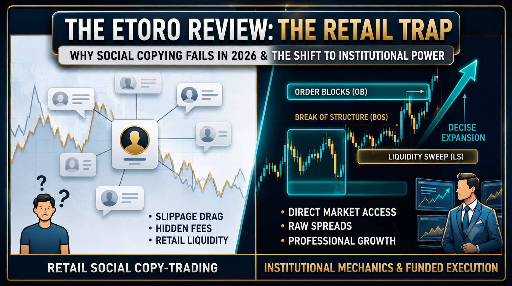 eToro review graphic comparing retail social copy trading platform pitfalls with institutional smart money concepts and funded execution