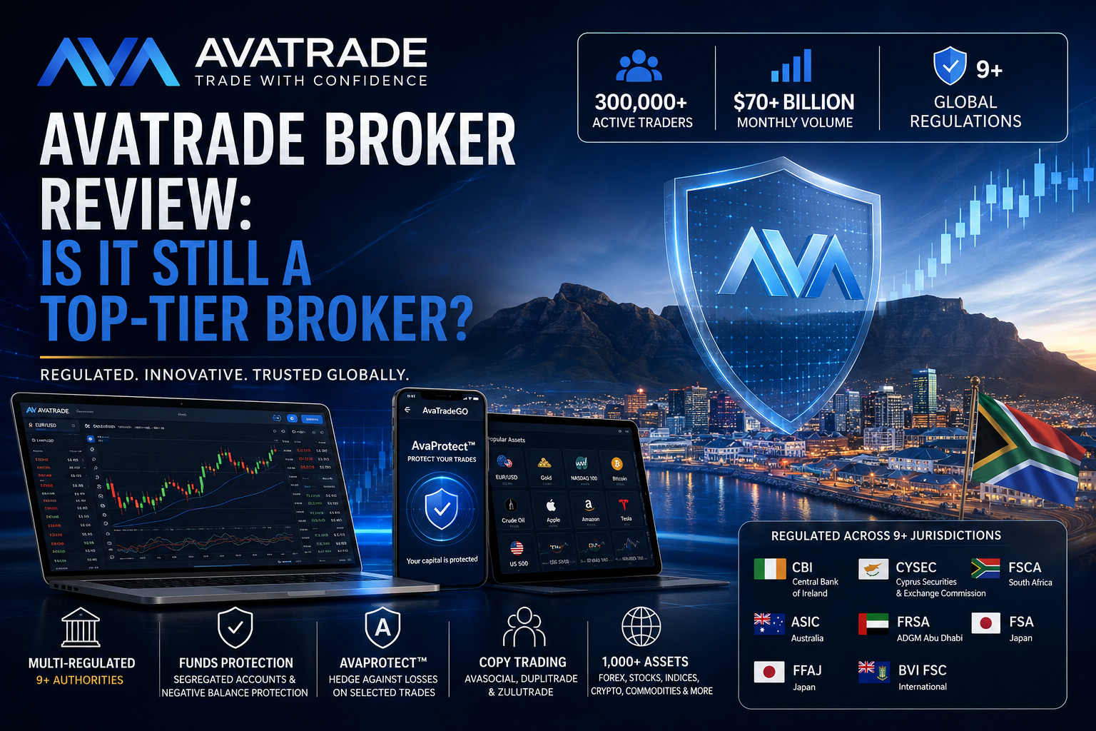 A modern financial trading desk setup featuring multiple monitors displaying AvaTrade charts, MetaTrader 5, and AvaTradeGO mobile app with "AvaTrade Broker Review: 2026 Edition" header text.