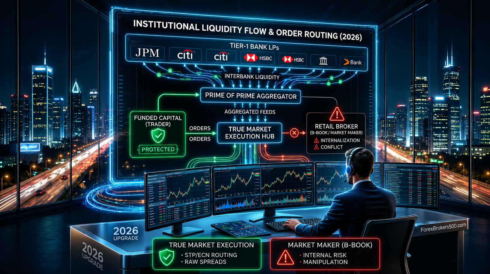 Infographic displaying institutional FX liquidity flow, comparing true market execution with B-book retail broker internalization