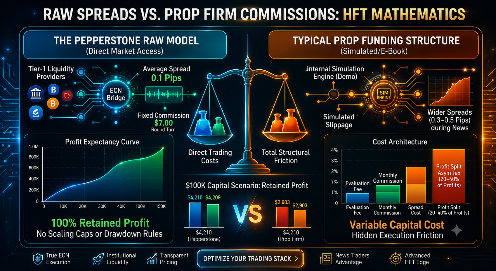 Infographic comparing Pepperstone Raw ECN account direct market access costs against typical prop firm simulated B-book funding structures for high-frequency trading mathematics.