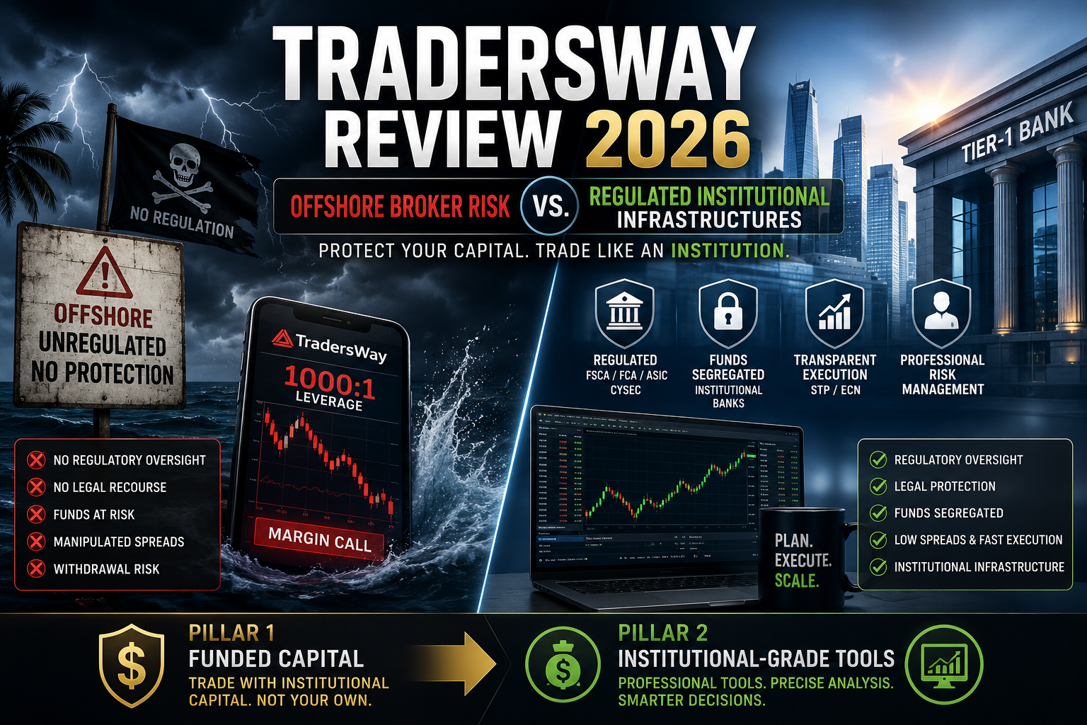 Comparison of TradersWay offshore broker risks versus regulated institutional trading infrastructure, highlighting fund security, regulation, execution quality, and capital protection.
