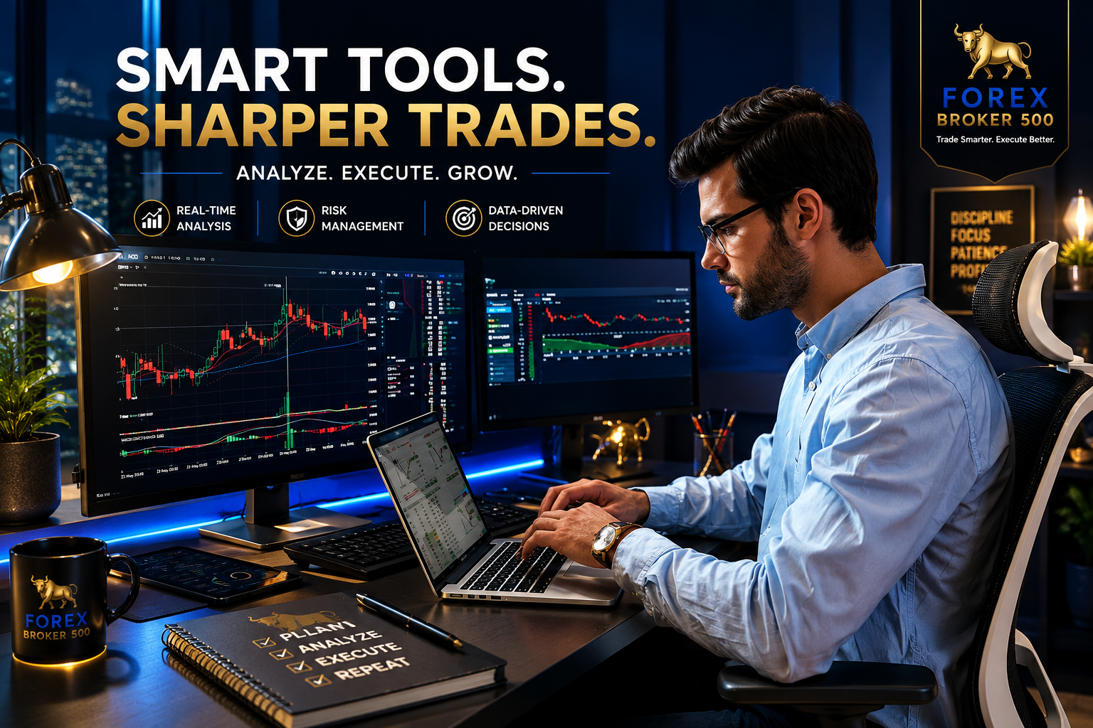 Professional trading workspace with sharp tools