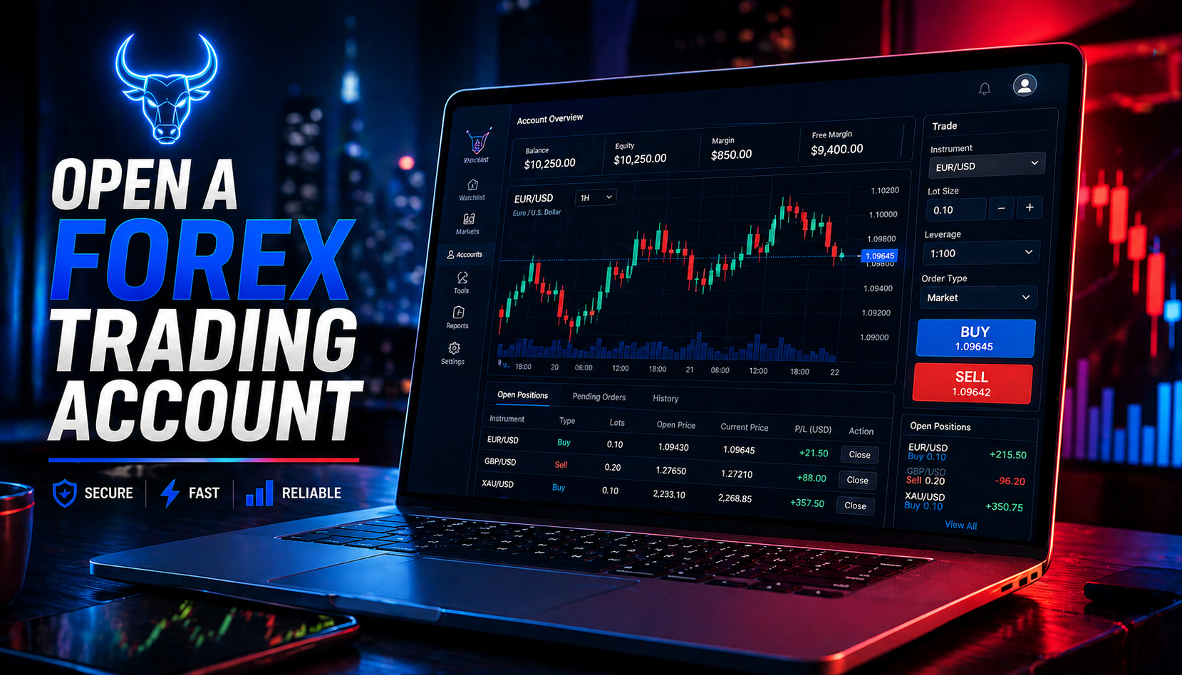 Modern forex trading dashboard in neon lights