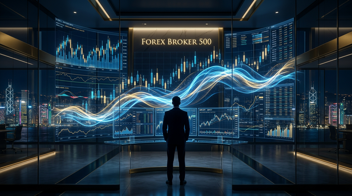 Technical analysis for forex traders showing candlestick charts, RSI and MACD indicators with futuristic trading dashboard – Forex Broker 500
