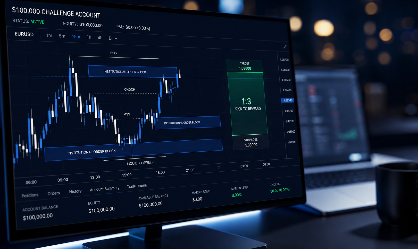 Dark mode forex trading workstation displaying a 100k prop firm challenge account chart with institutional order blocks and a 1:3 risk-to-reward ratio setup.