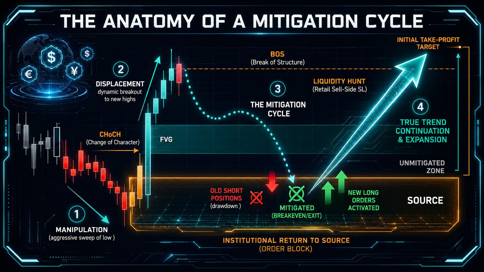A technical trading chart diagram titled "FEATURED ARTICLE: THE ANATOMY OF A MIGRATION CYCLE" on a dark grid background. The graphic illustrates smart money concepts (SMC) in four numbered steps: 1) Manipulation (an aggressive sweep of a price low), 2) Displacement (a dynamic breakout to new highs leaving a Fair Value Gap/BOS), 3) The Mitigation Cycle (price returning via a dotted line to clear drawdown), and 4) True Trend Continuation & Expansion (a large teal arrow pointing up to an Initial Take-Profit Target). The bottom highlight box marks the "Source" or "Order Block" where old short positions are mitigated at breakeven and new long orders are activated.