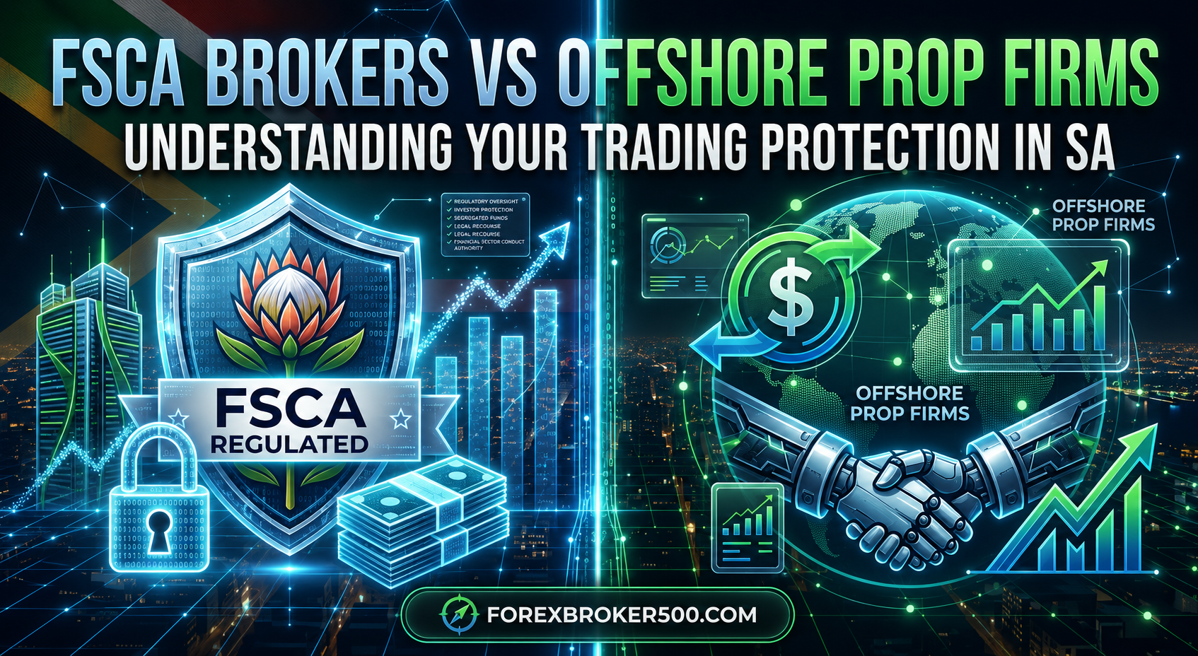 A futuristic, high-tech split-screen infographic comparing FSCA-regulated brokers and offshore prop firms for South African traders. The left side features a glowing holographic shield with a digital protea flower, a secure padlock, and stacked cash against a faint South African flag. The right side displays a cybernetic handshake, a digital globe, and advanced data charts representing offshore funding. The bold headline at the top reads 'FSCA BROKERS VS OFFSHORE PROP FIRMS: UNDERSTANDING YOUR TRADING PROTECTION IN SA' with the Forex Broker 500 logo at the bottom.