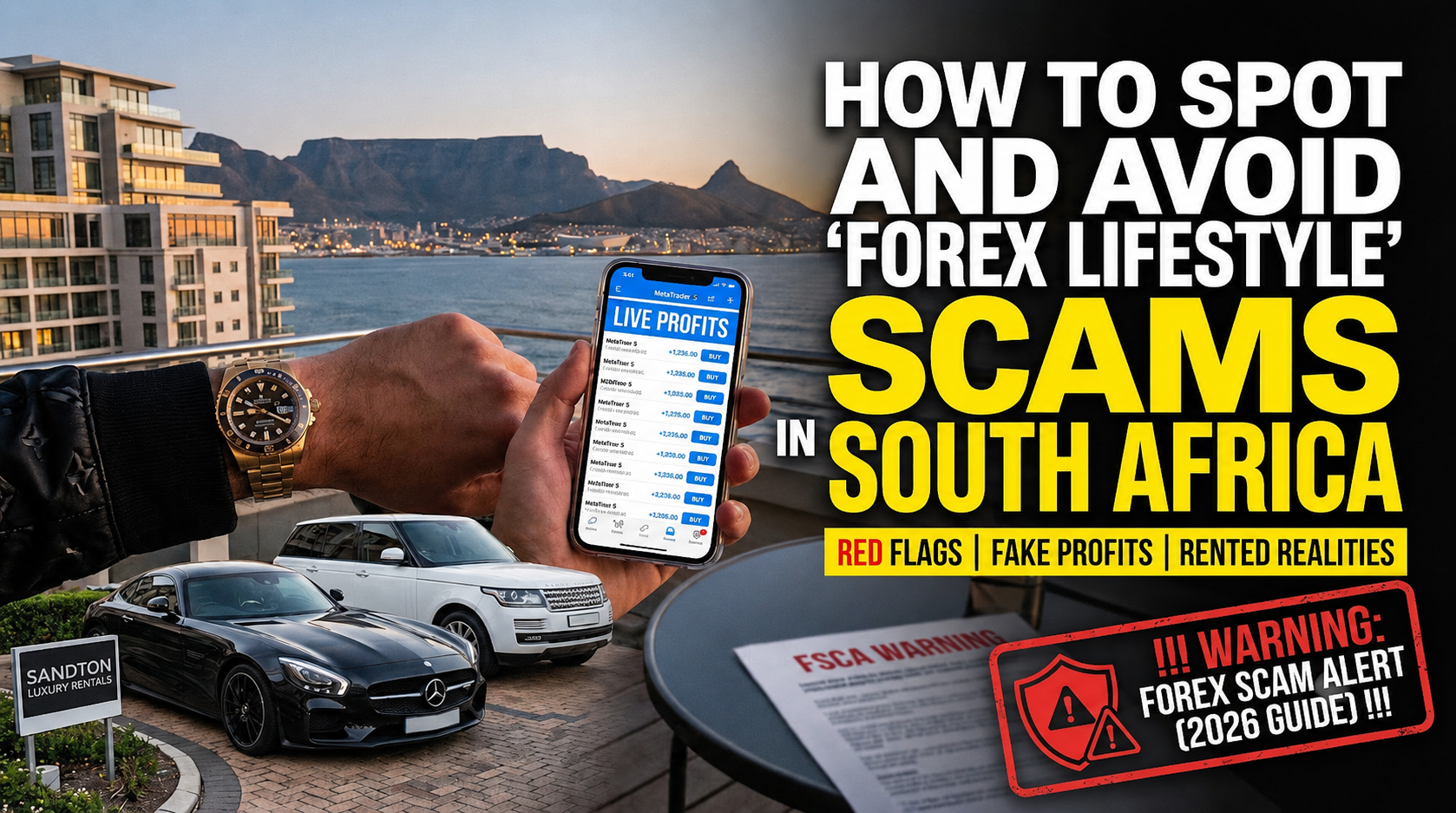 Luxury lifestyle forex scam warning in South Africa showing expensive cars, a luxury watch, trading profits on a smartphone, and an FSCA warning document against fake forex mentors and social media trading scams.