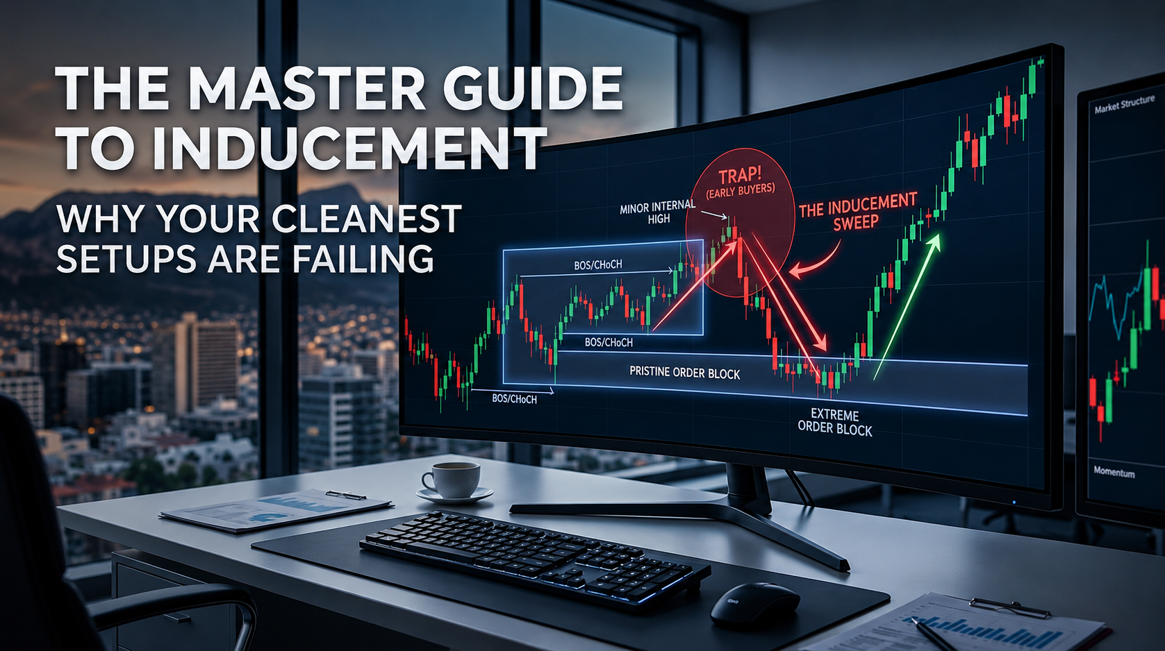 Forex inducement strategy chart on a trading monitor showing an institutional liquidity sweep and order block trap.