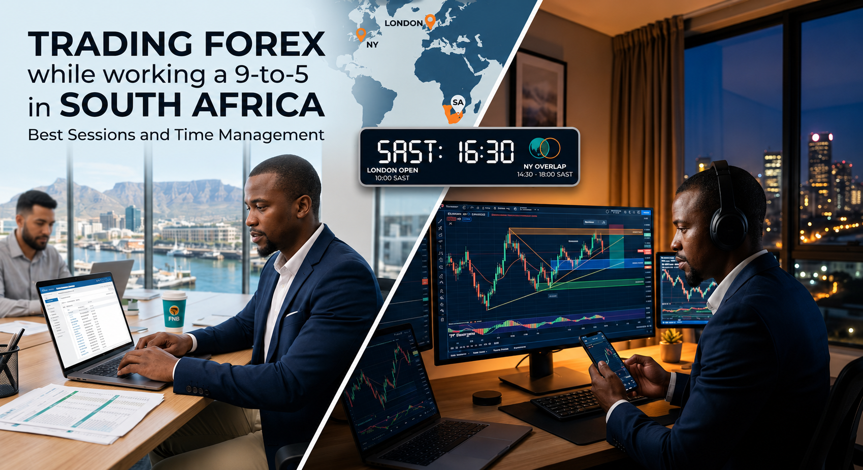 A split-screen graphic for South African forex traders. On the left, a professional businessman works on a laptop in a bright Cape Town corporate office with Table Mountain visible through the window. On the right, the same man is in a dimly lit home office at night, wearing headphones and analyzing advanced candlestick charts on a large monitor. The center features a digital clock reading "SAST: 16:30" and a world map highlighting the London and New York market session overlaps.