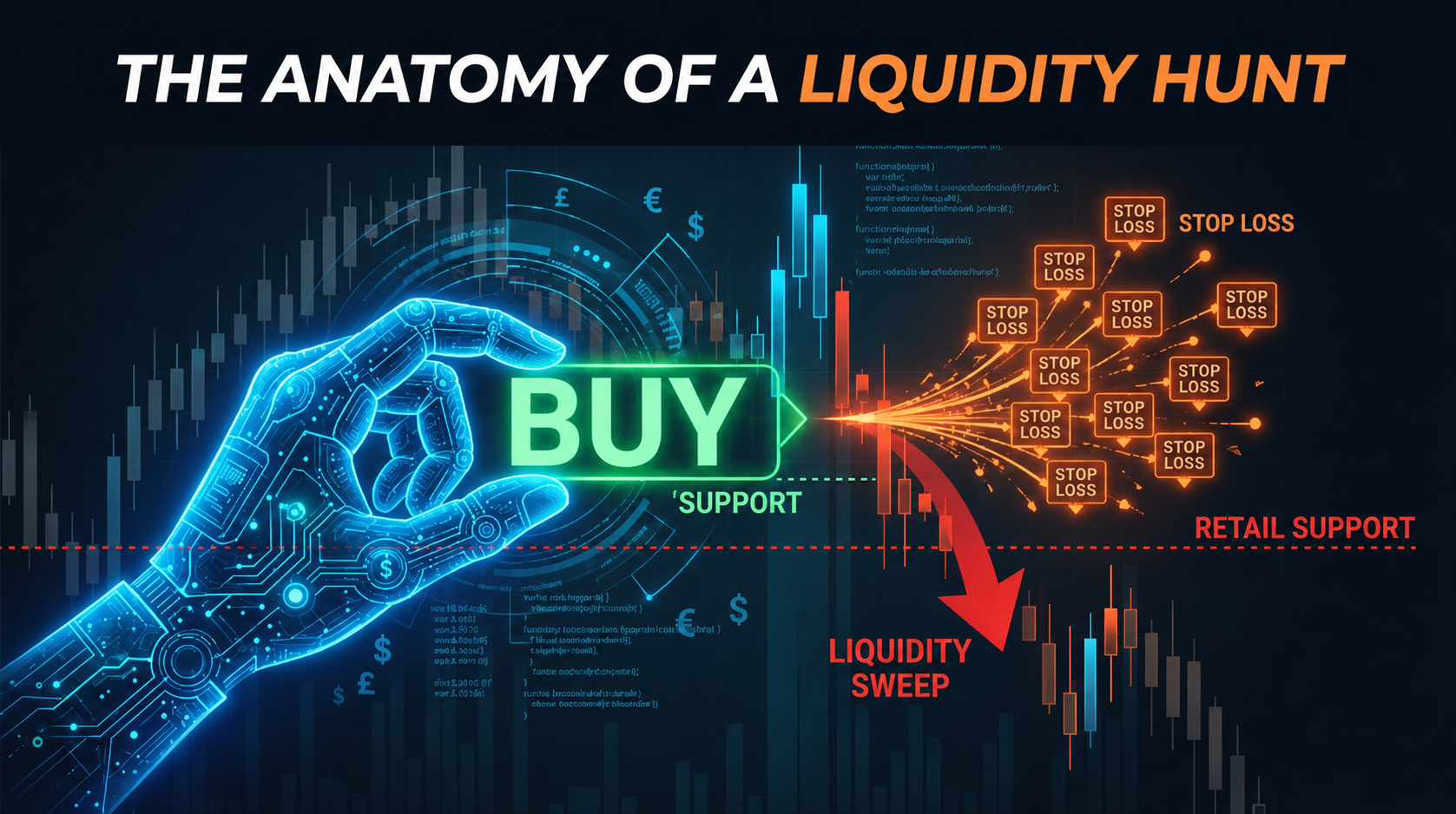Diagram showing a liquidity hunt in forex trading where institutional buy orders sweep retail stop losses below support.