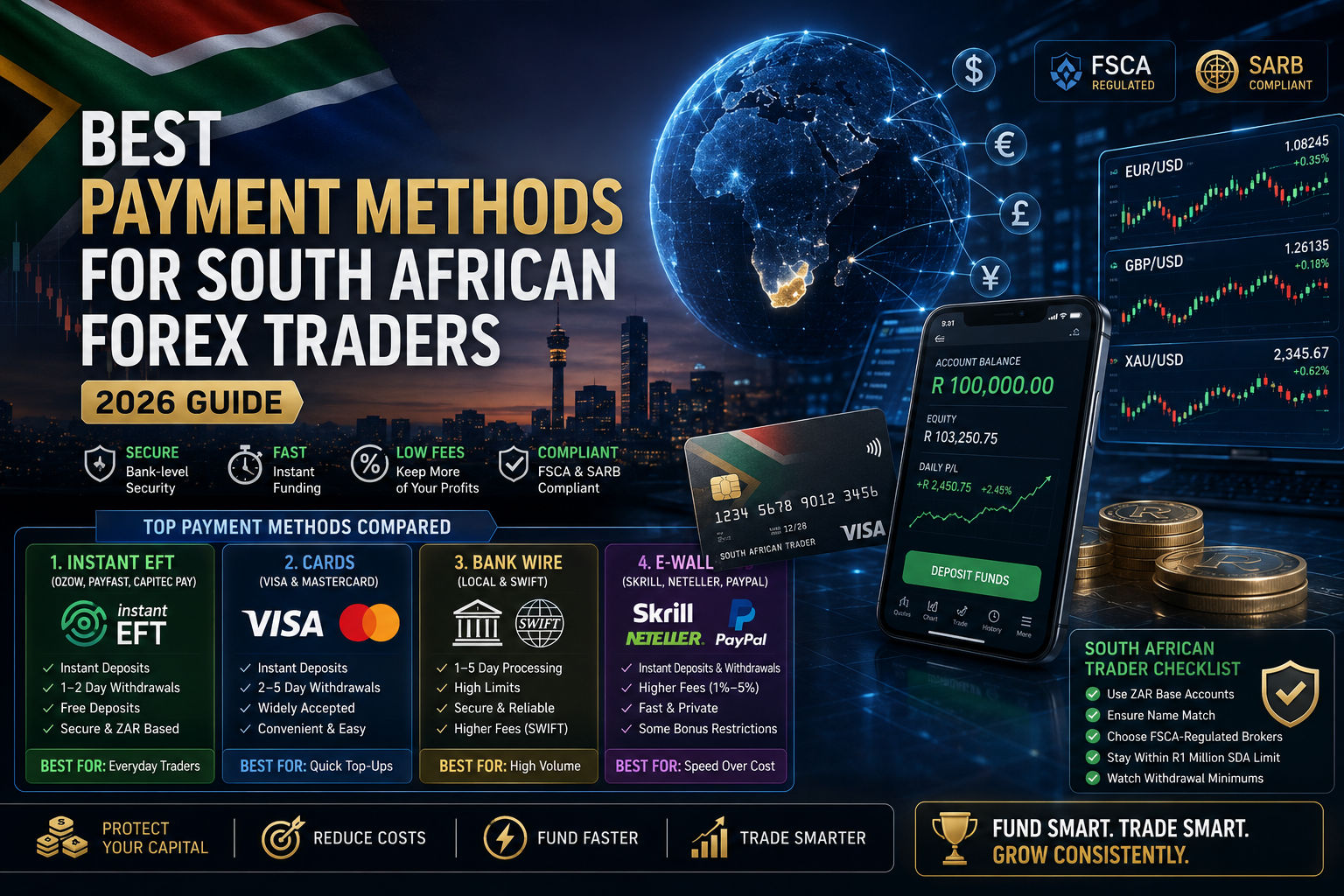 Infographic showing the best payment methods for South African forex traders in 2026.