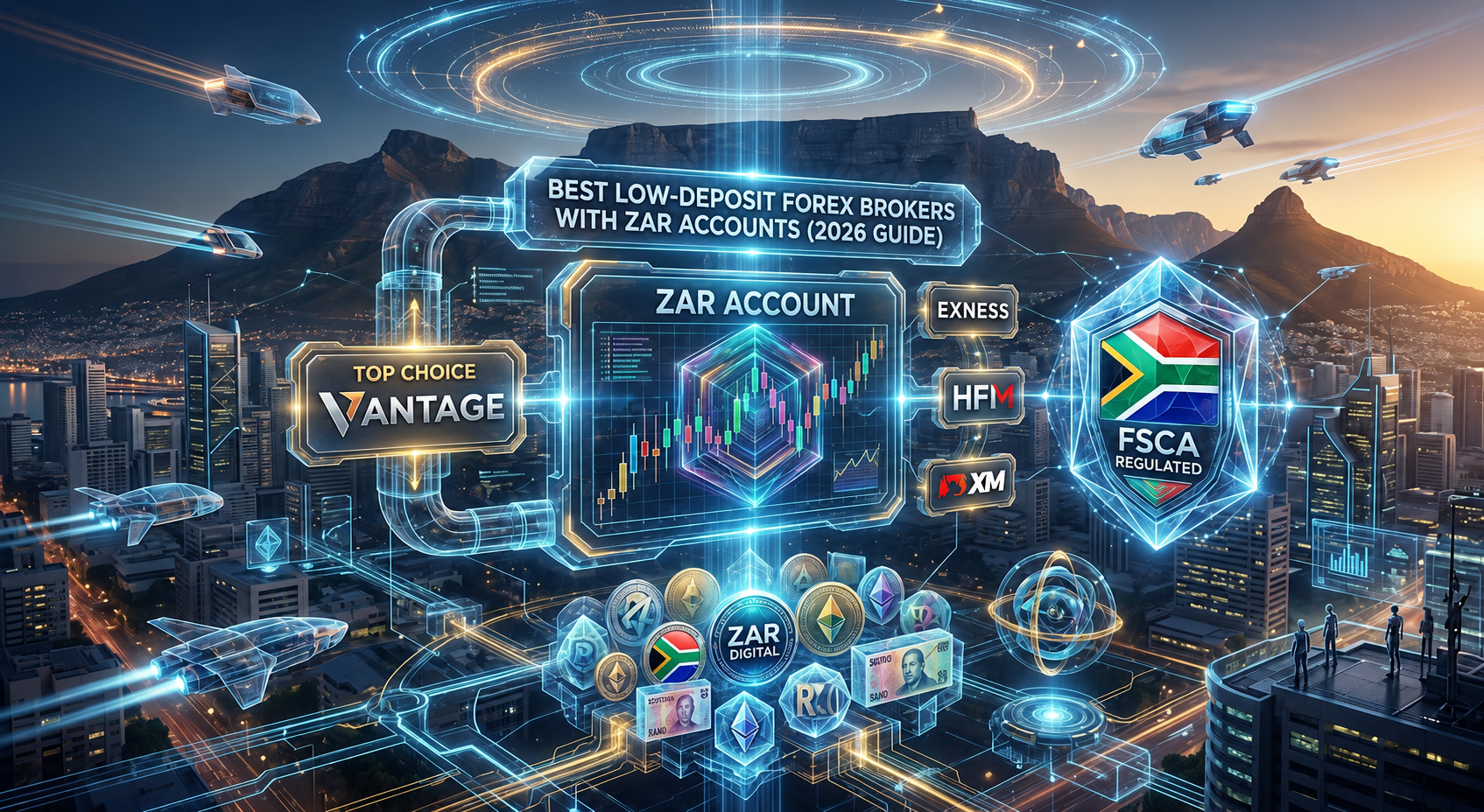 A futuristic holographic trading dashboard floating over the Cape Town skyline at dusk, featuring Table Mountain in the background. The central hologram displays a 3D candlestick chart labeled "ZAR Account" with glowing neon blue and orange lines. To the left, a prominent panel highlights "Vantage" as the "Top Choice." To the right, smaller nodes display logos for Exness, HFM, and XM, next to a glowing shield with the South African flag labeled "FSCA Regulated." Futuristic flying vehicles navigate between the skyscrapers below, and the main title "Best Low-Deposit Forex Brokers with ZAR Accounts (2026 Guide)" is suspended in a sleek digital frame at the top.