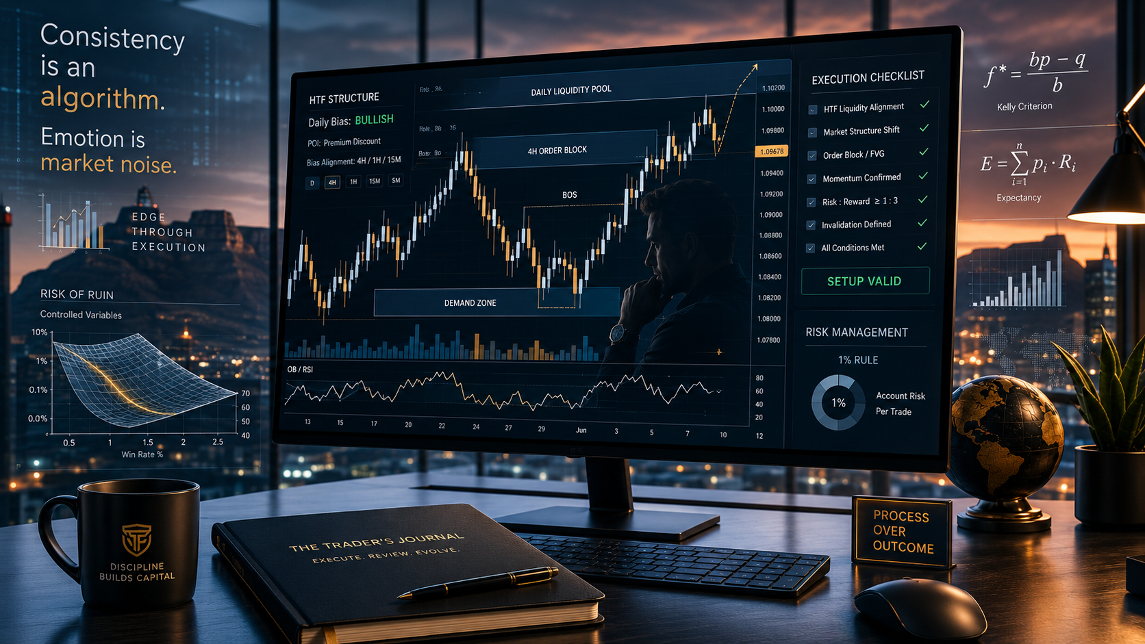 A dark mode institutional trading terminal chart displaying a binary execution blueprint checklist for systematic currency traders.