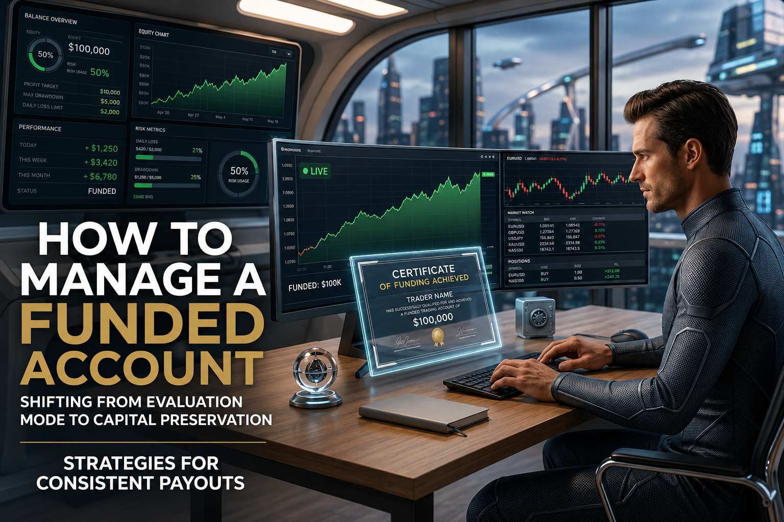 A trader analyzing financial charts on holographic screens with text reading How to Manage a Funded Account
