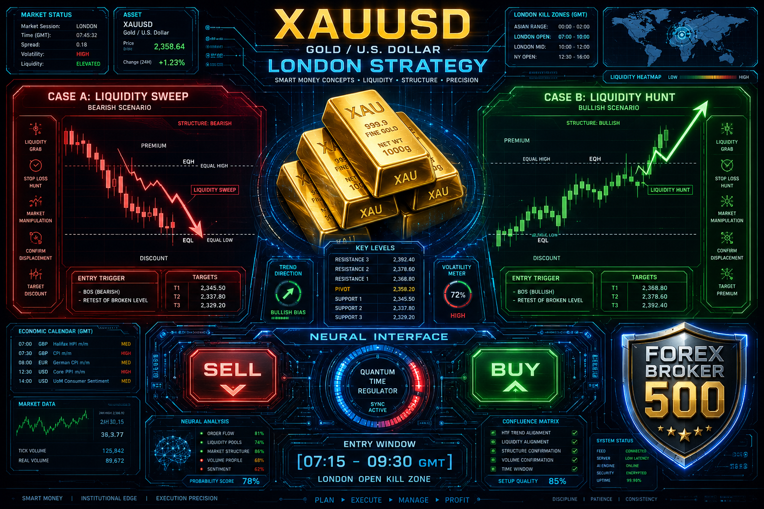 London Breakout Strategy trading infographic for prop firm traders, featuring a futuristic XAUUSD gold trading dashboard with glowing gold bars, bullish and bearish liquidity sweep scenarios, institutional order flow analysis, London session breakout entry window (07:15–09:30 GMT), BUY and SELL execution panels, and advanced risk management tools designed to help traders pass prop firm challenges.