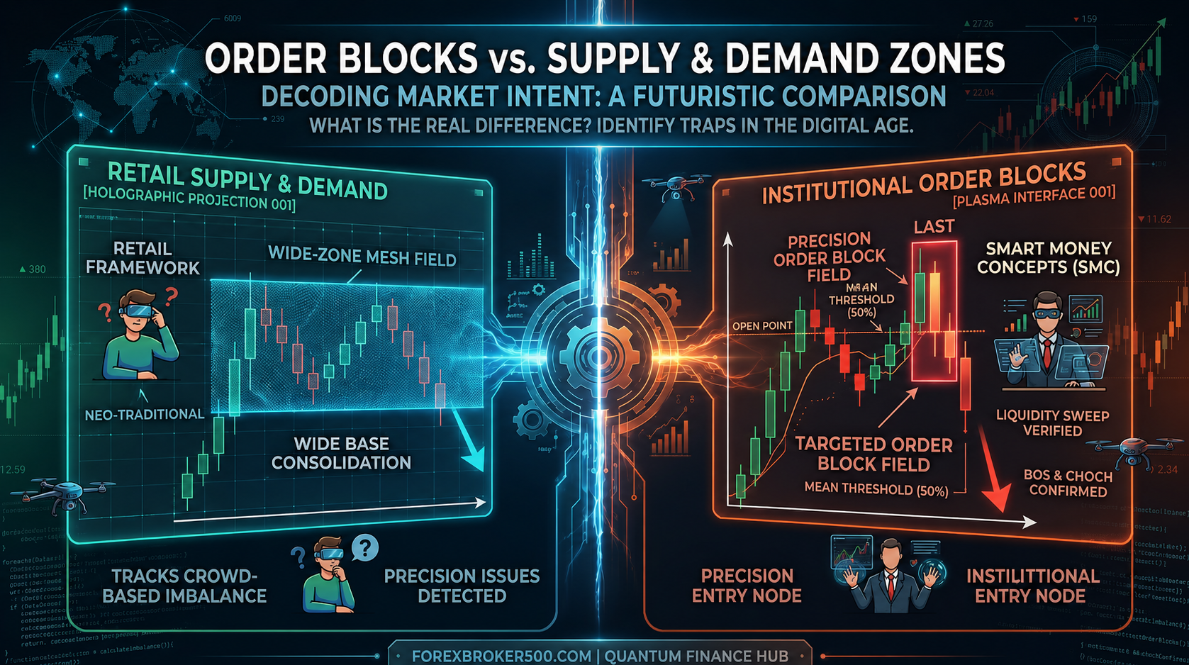 Futuristic comparison chart of Order Blocks vs. Supply & Demand Zones with high-tech digital interfaces and candlestick patterns for Forex Broker 500.
