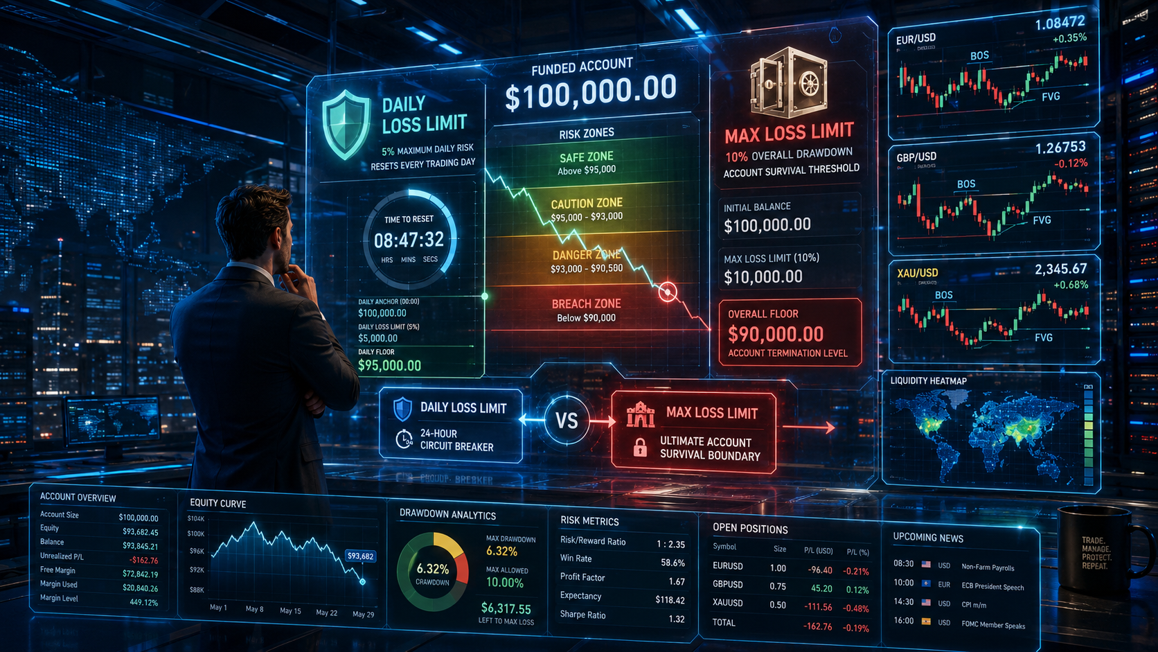 Futuristic prop trading risk management dashboard showing Daily Loss Limit versus Max Loss Limit on a $100,000 funded account, with equity drawdown zones, forex charts, risk analytics, and a professional trader monitoring account survival thresholds inside an institutional trading environment.