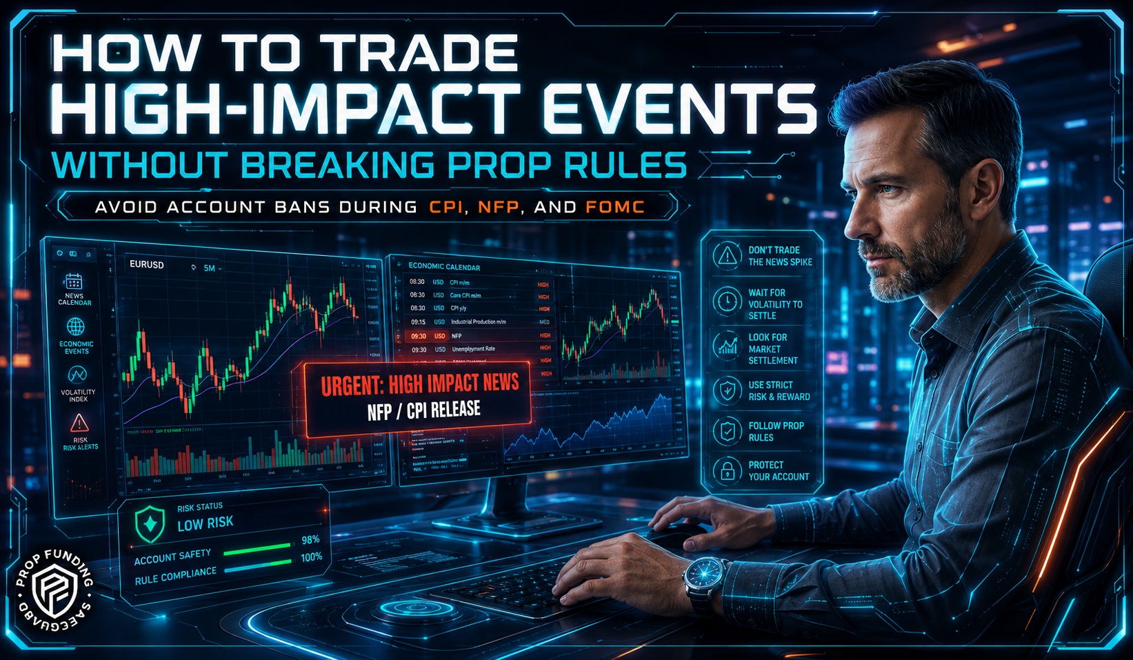 Futuristic trading infographic detailing how to trade high-impact news events without breaking prop firm rules, featuring a step-by-step blueprint for CPI, NFP, and FOMC.