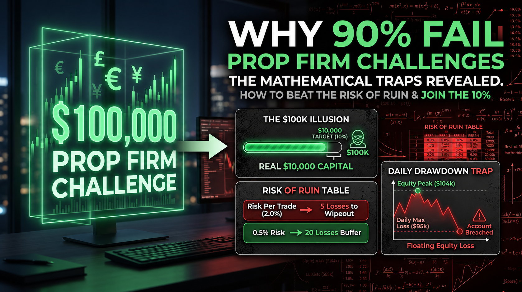 Infographic explaining why 90% of traders fail prop firm challenges due to risk of ruin mathematics, the 100k illusion, and daily equity drawdown traps.