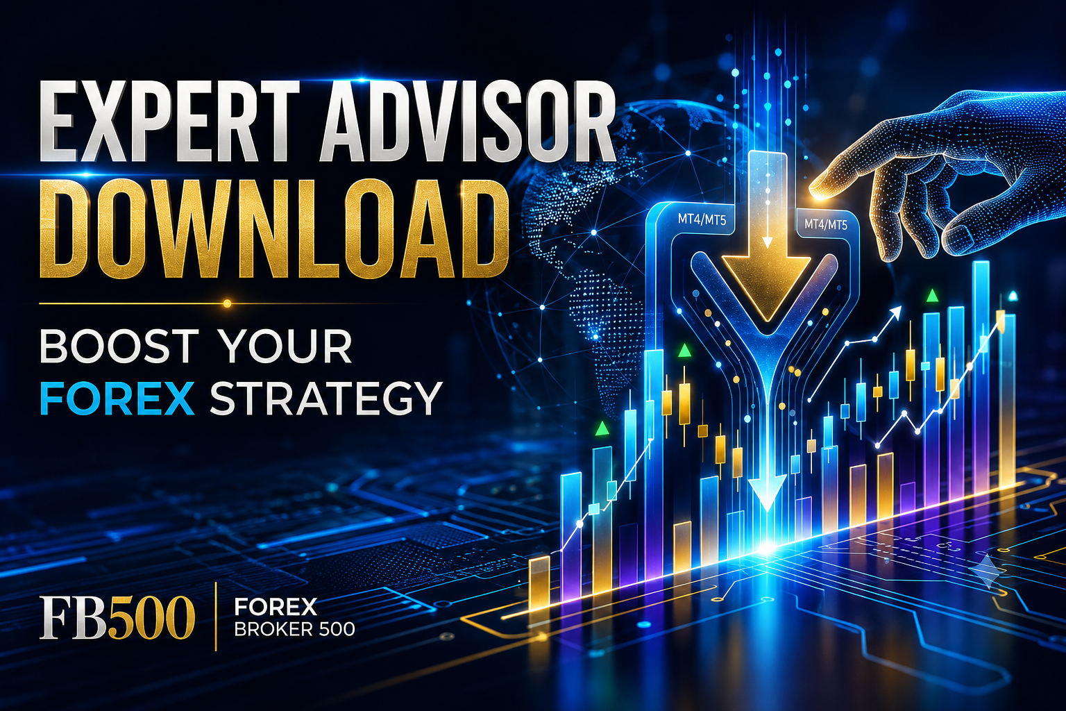 Expert Advisor download guide displaying MT4 and MT5 automated trading chart graphics and Forex Broker 500 branding