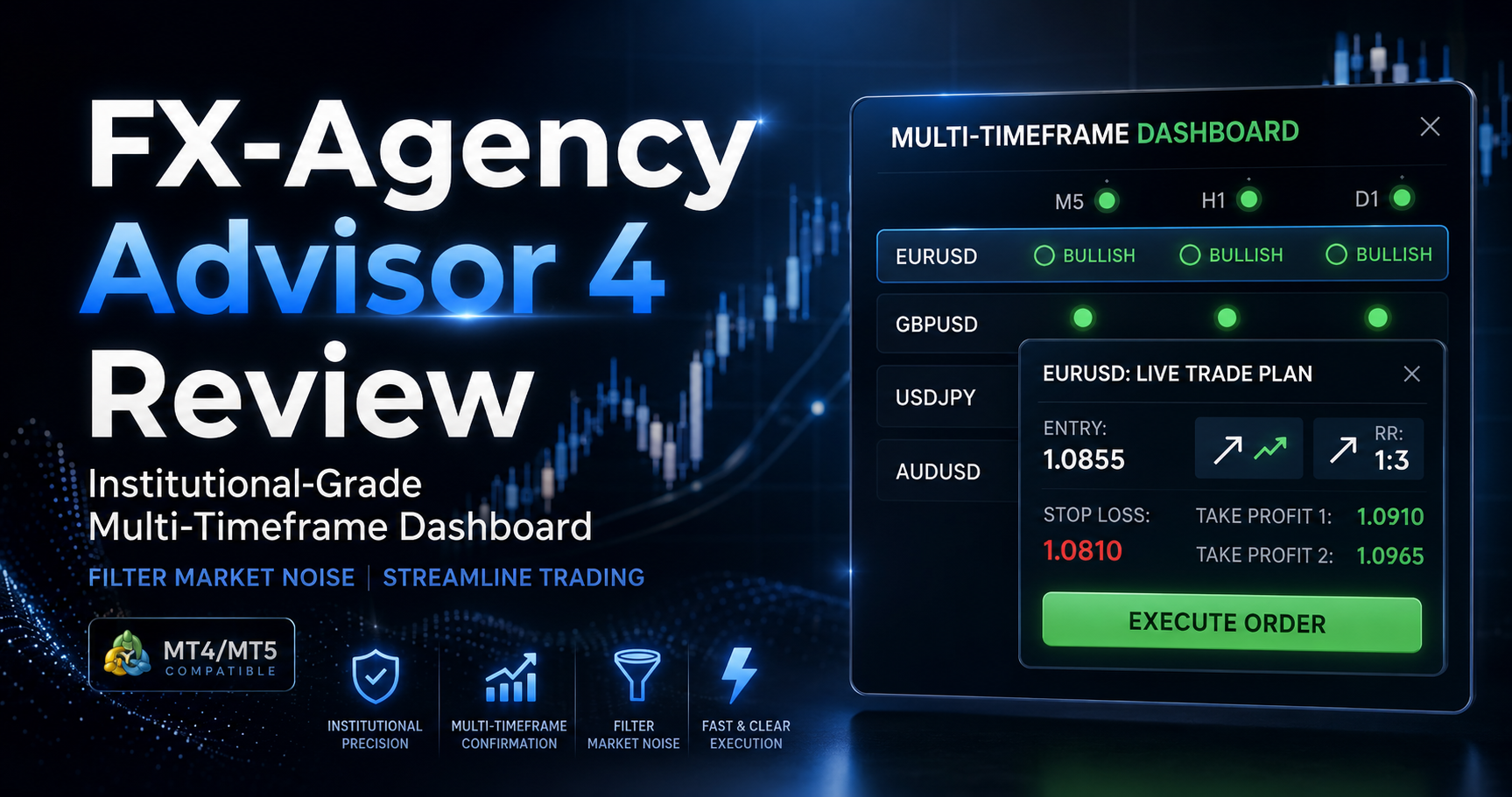 FX-Agency Advisor 4 review article featured image banner showing an institutional multi-timeframe dashboard on an MT4 MT5 chart with automated trade plan setups for EURUSD.