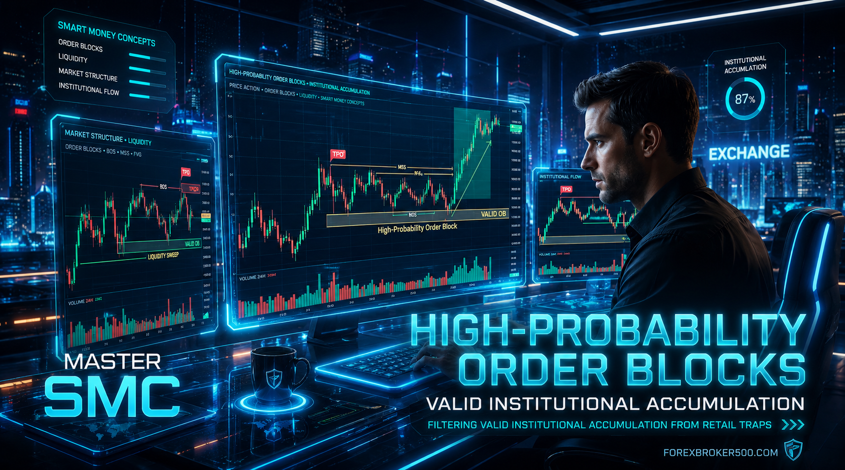 Trader analyzing high-probability order blocks and institutional accumulation on multi-monitor setup