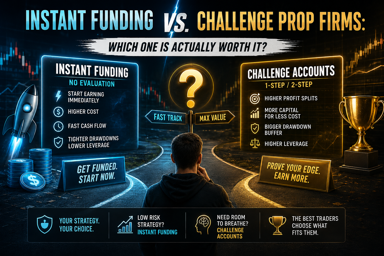 Infographic comparing Instant Funding vs Challenge Prop Firm accounts, highlighting capital access, profit targets, and evaluation steps.