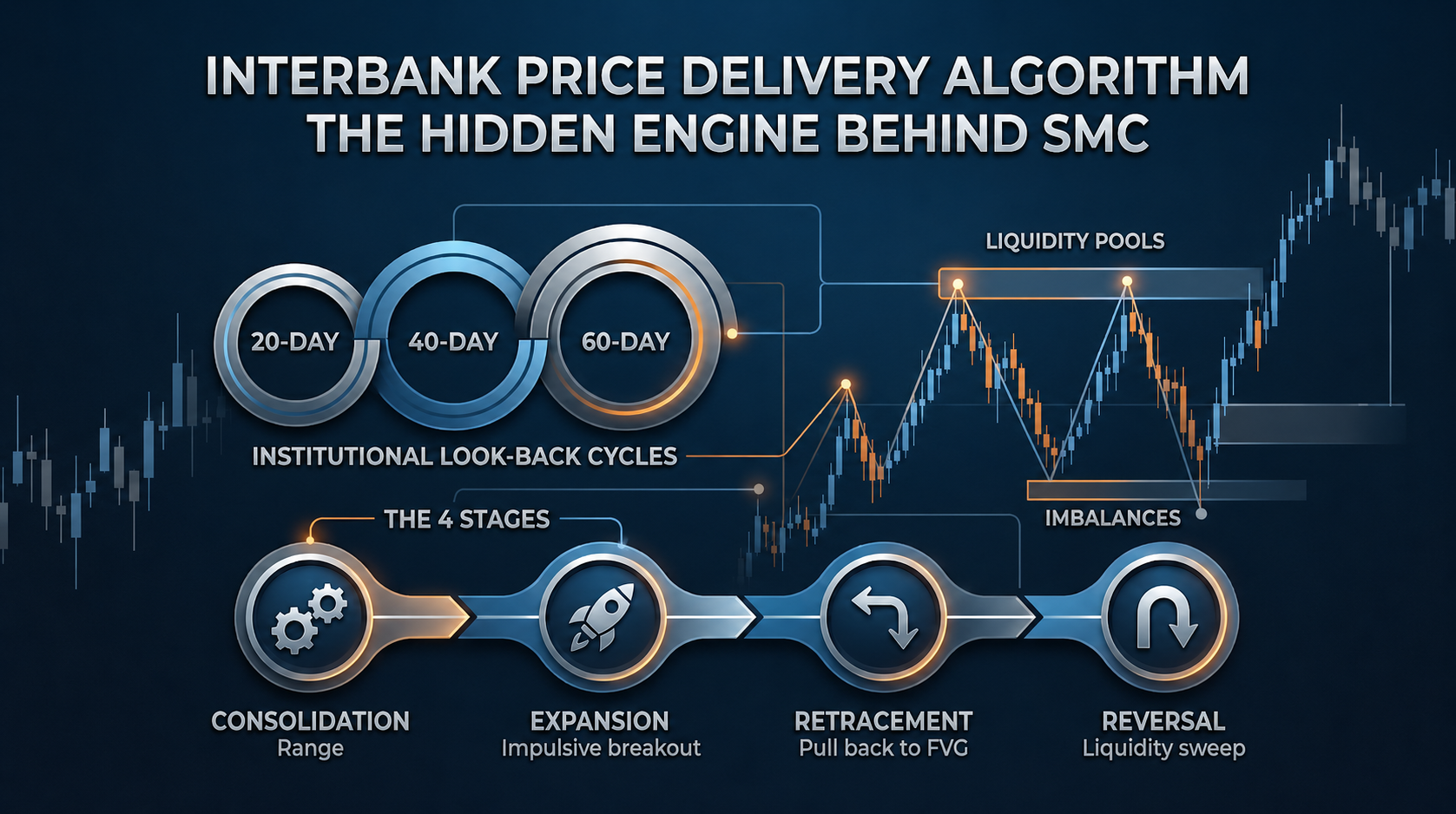 Interbank Price Delivery Algorithm IPDA chart breaking down 20 40 60 day look-back cycles and the 4 stages of market delivery for SMC traders.