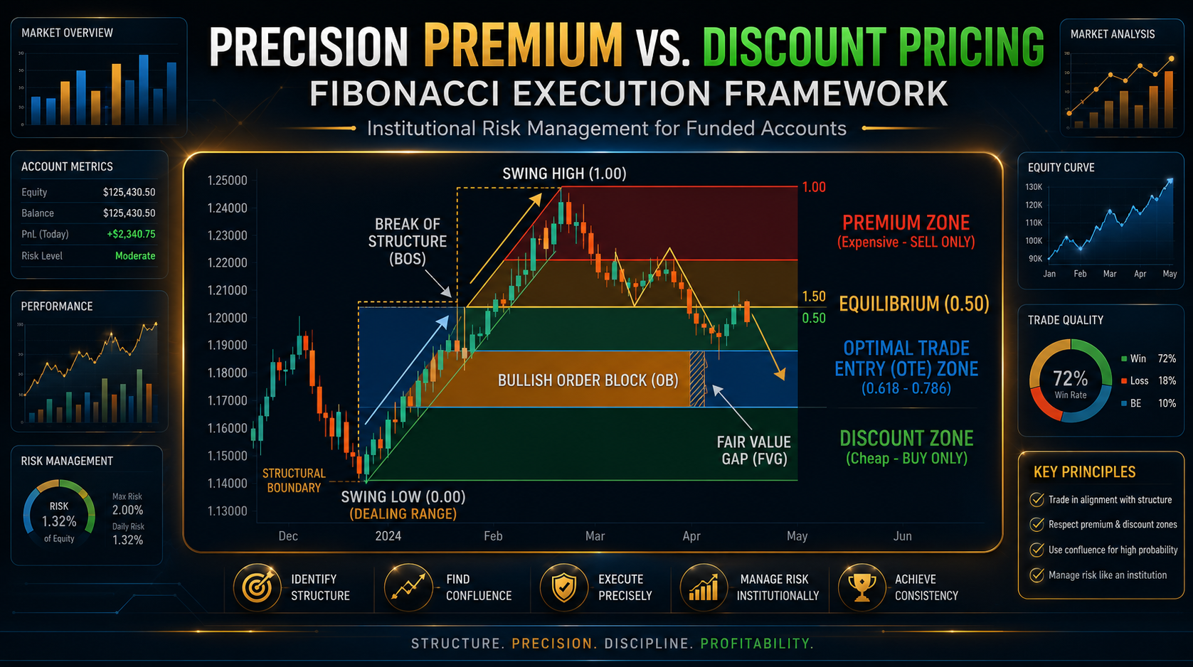 Infographic displaying the Fibonacci execution framework for funded accounts, illustrating Premium and Discount zones, Equilibrium at 0.50, and the Optimal Trade Entry (OTE) pocket aligned with an institutional bullish order block.
