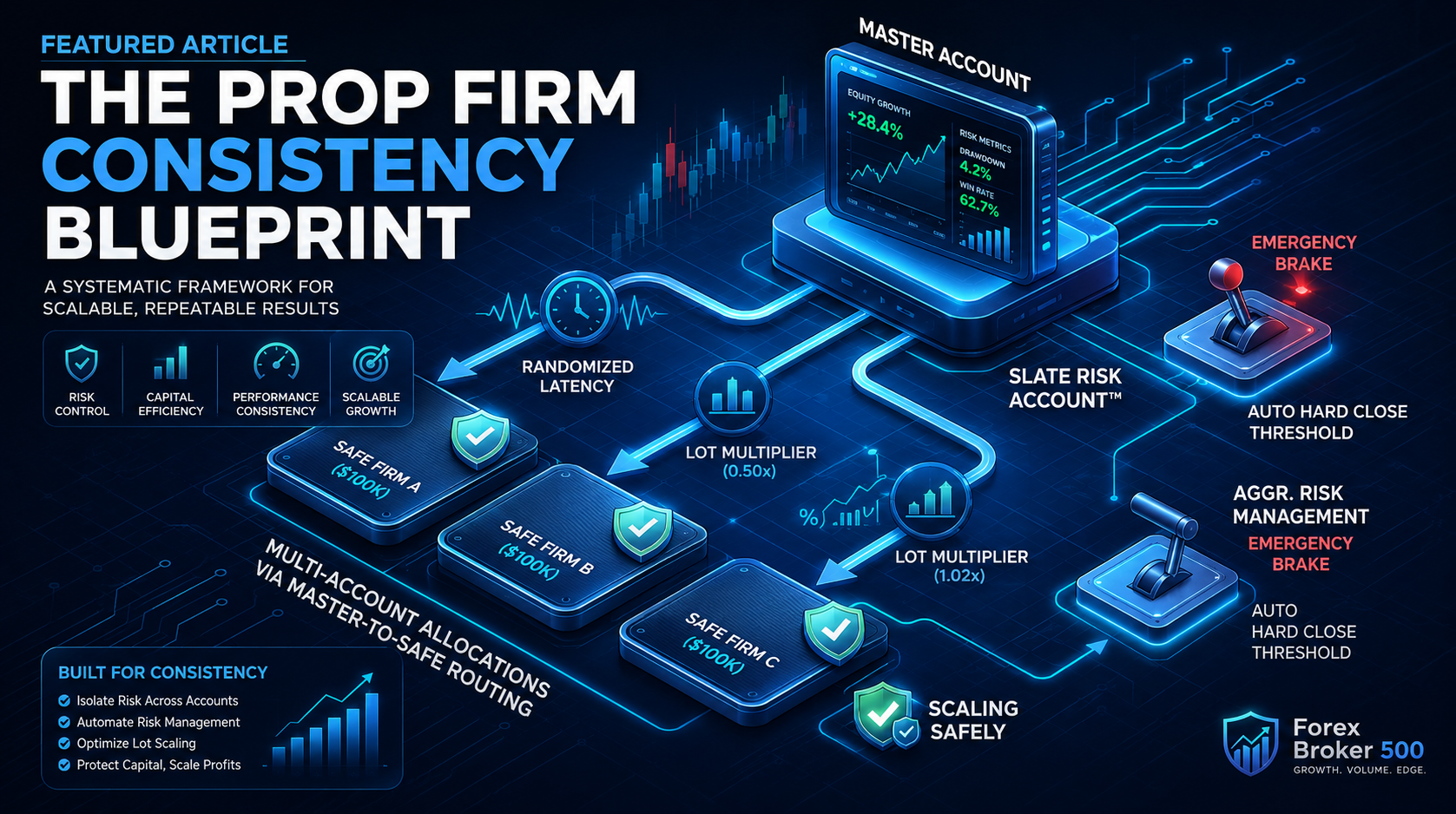 Isometric blueprint showing a master trading account routing trades to safe prop firm accounts with randomized latency and lot multipliers.