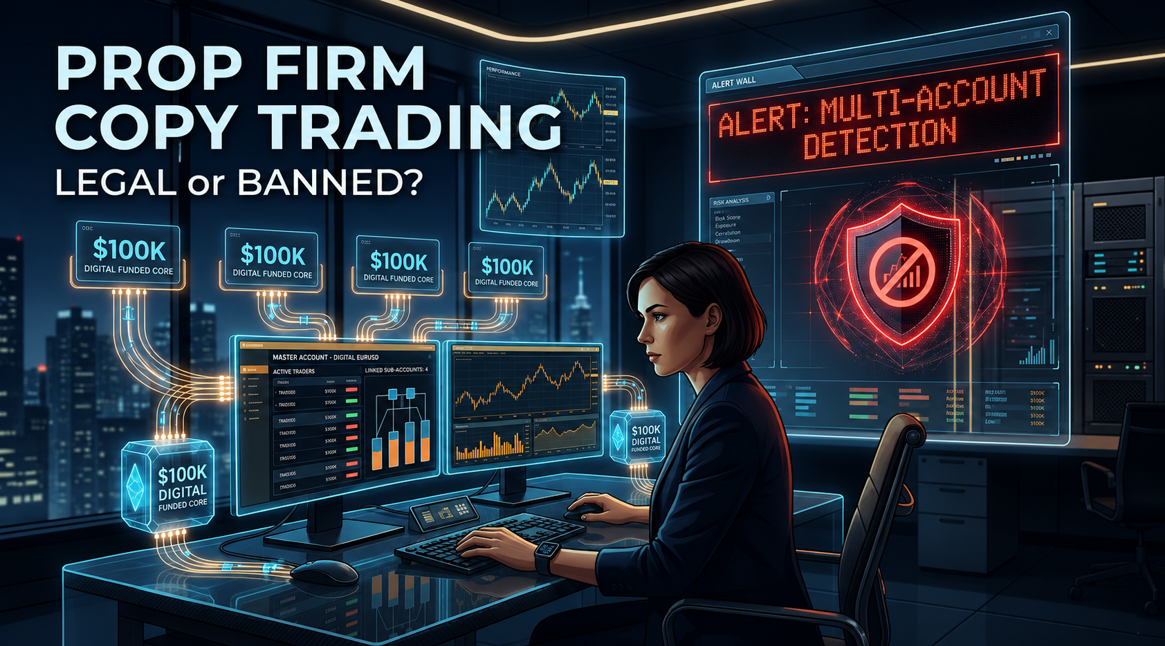 Futuristic trading setup showing multiple $100K funded accounts linked to a master terminal with a holographic alert warning for multi-account detection and copy trading compliance breach.