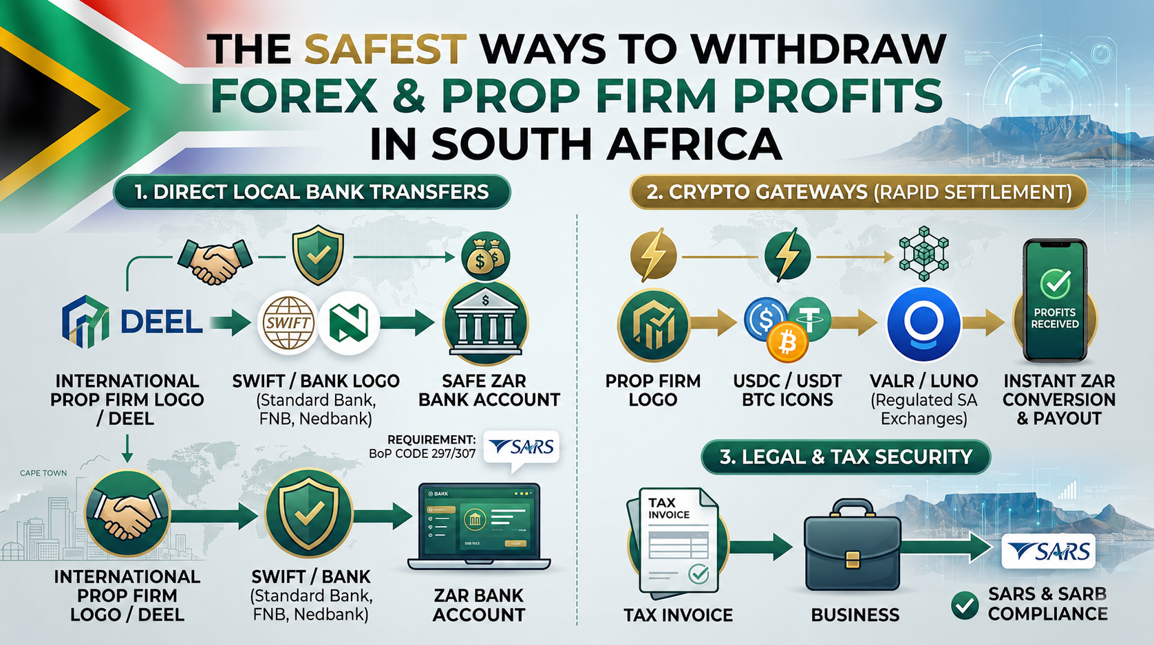 Infographic showing the safest ways to withdraw Forex and prop firm profits in South Africa, detailing direct local bank transfers via Deel, crypto gateways with VALR and Luno, and SARS tax compliance.