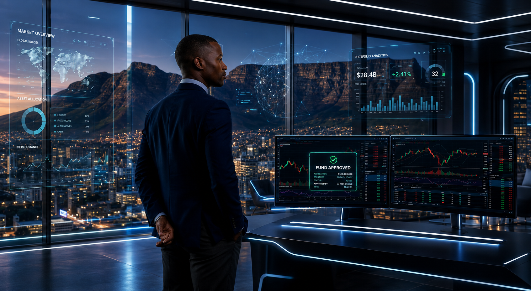 A South African forex trader in a navy blazer looks out over Cape Town and Table Mountain from a modern office next to a dual-monitor setup showing an approved payout notification.
