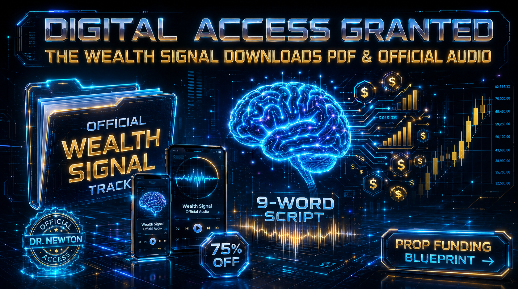 The Wealth Signal downloads PDF guide dashboard showing Dr. Newton's official 9-word script audio track access.