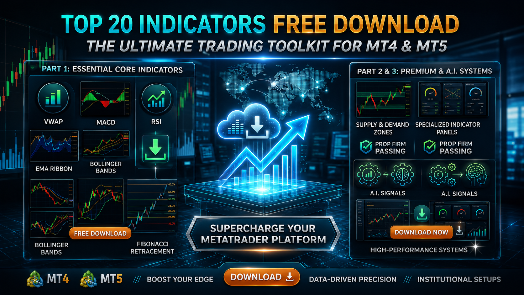 A professional web banner showcasing a toolkit of twenty free MT4 and MT5 technical indicators. The graphic features black dashboard layouts displaying labeled modules for VWAP, MACD, RSI, Bollinger Bands, and Fibonacci Retracements, alongside smart money concepts, prop firm passing setups, and automated AI signal indicators over a dark trading room background.