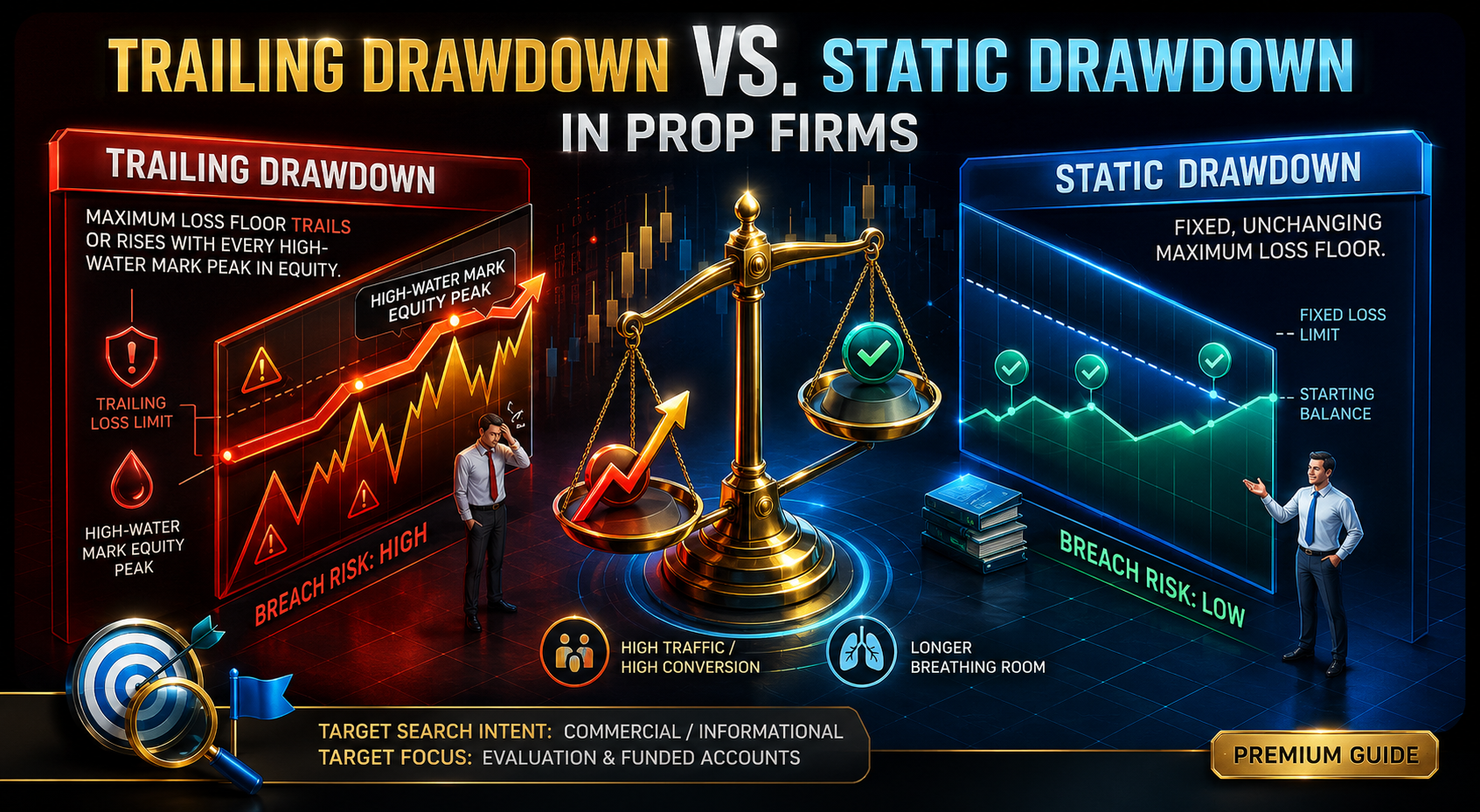 Comparison chart showing trailing drawdown ratcheting loss levels versus static drawdown fixed limits in prop firm trading accounts.