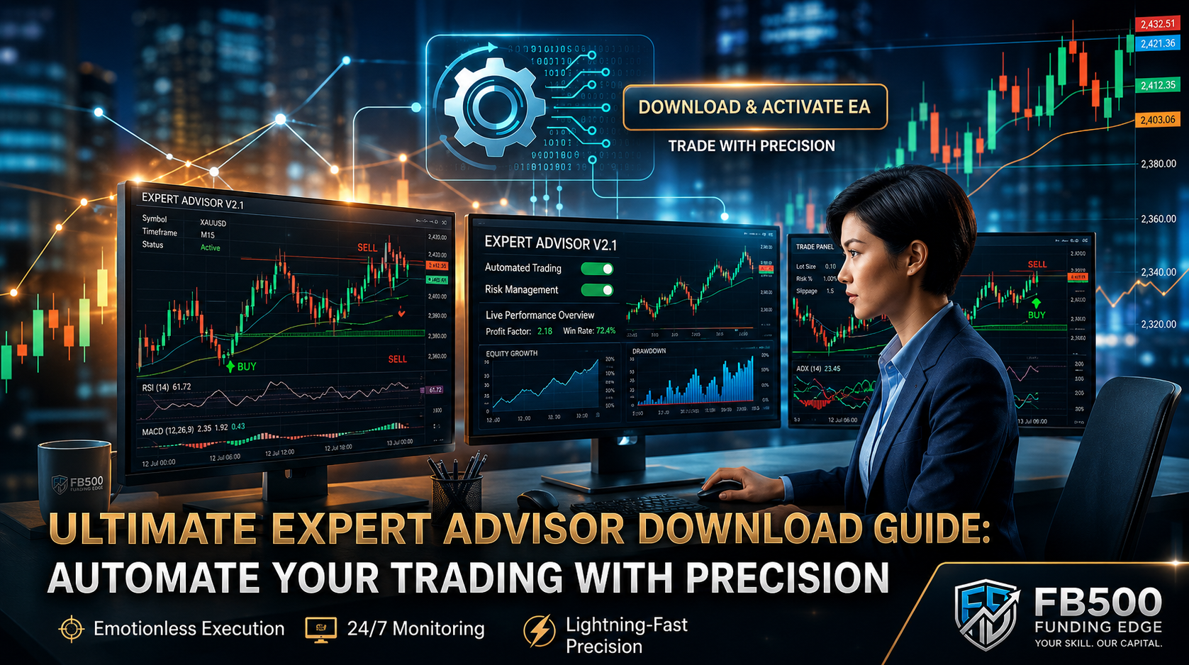 Labeled trading dashboard screen showing a live Expert Advisor interface with metrics like Profit Factor and Max Drawdown, featuring a trader at a multi-monitor desk and a Forex Broker 500 FB500 Funding Edge badge.