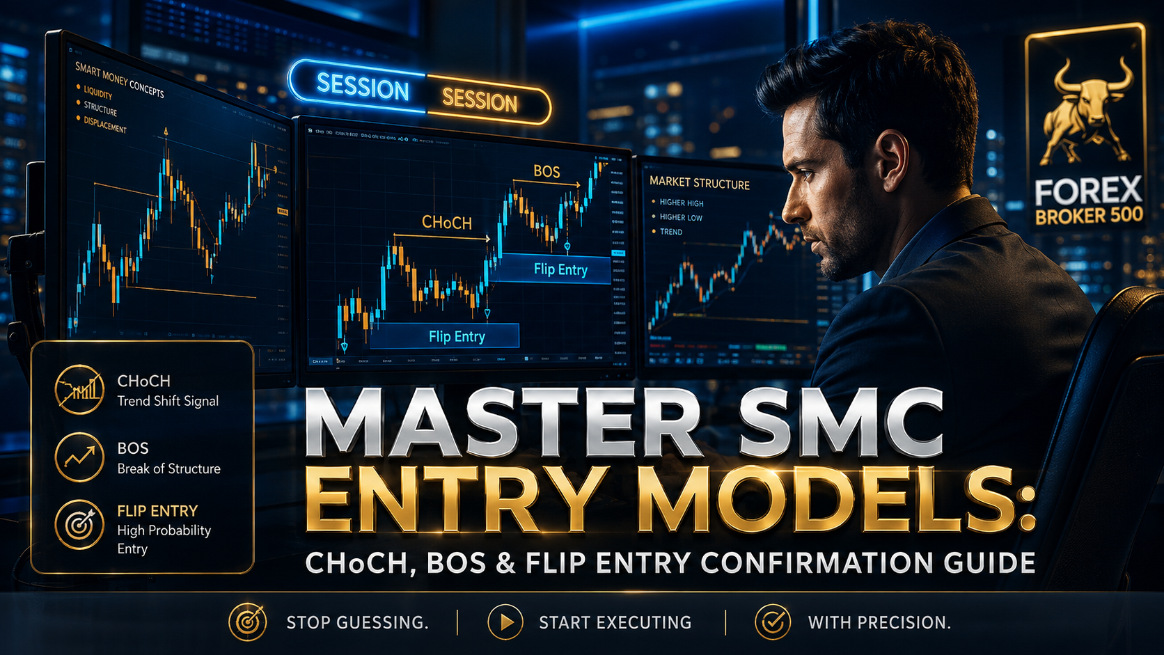 Trader analyzing Smart Money Concepts (SMC) entry models showing CHoCH, BOS, and Supply to Demand Flip execution zones on multi-monitor trading charts.