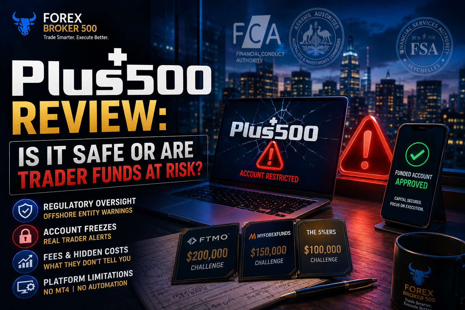 Plus500 review showing account restriction warnings, regulatory oversight, trading costs, and funded trading alternatives