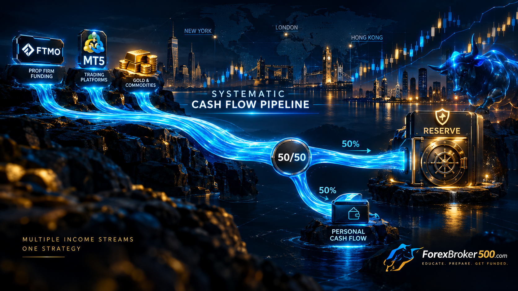 Cash flow forex trading pipeline showing diversified income streams, 50/50 personal cash flow and reserve allocation, and systematic forex trading strategy.
