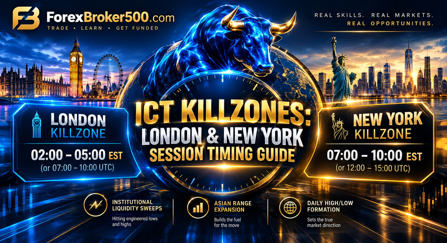 ICT Killzones London and New York session timing guide showing forex trading session times